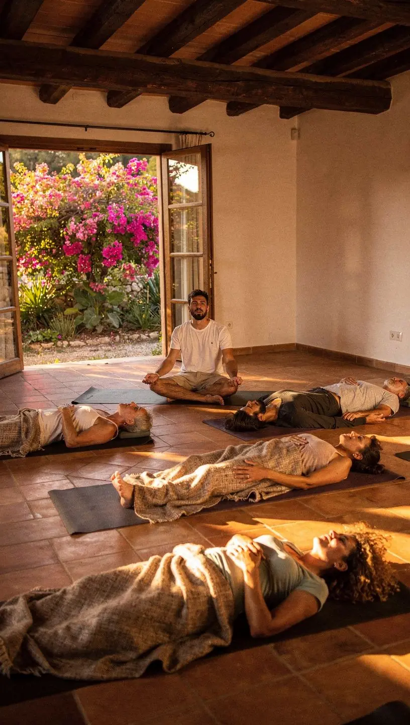 Un grupo de personas realizando ejercicios de relajación en una sala iluminada.