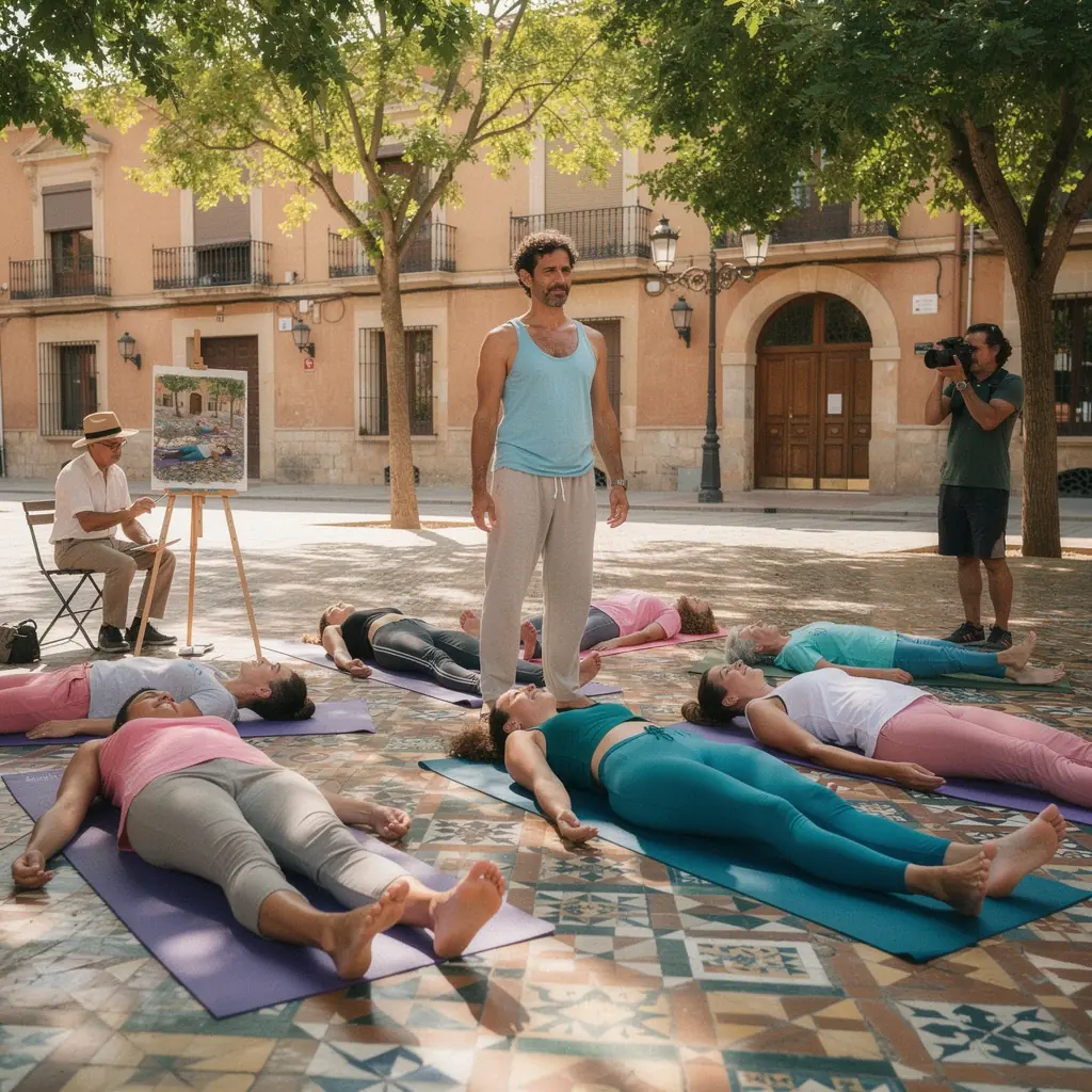 Alguien en una postura de meditación rodeado de naturaleza.