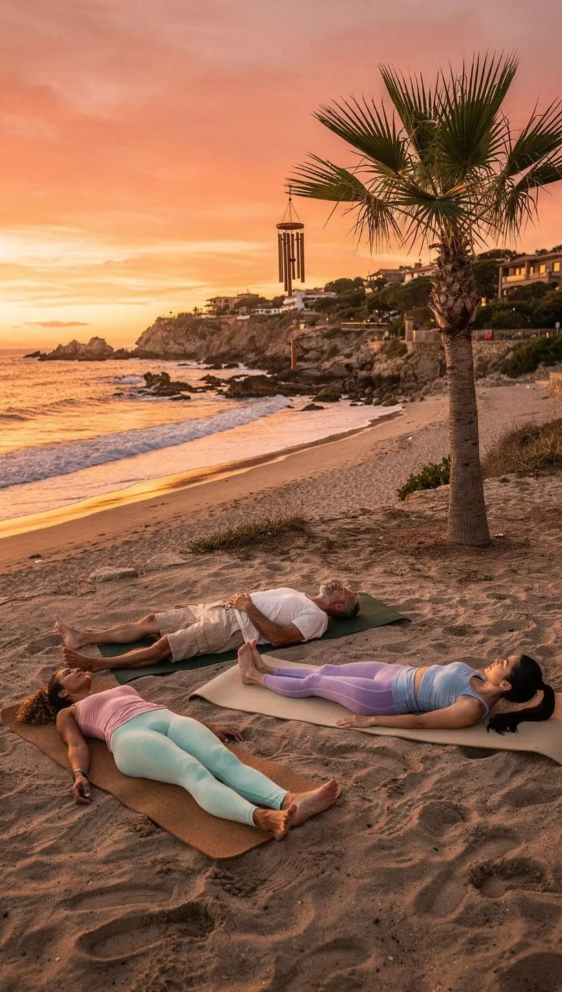 Un grupo de practicantes de yoga en una clase, realizando ejercicios de relajación progresiva en un estudio luminoso.