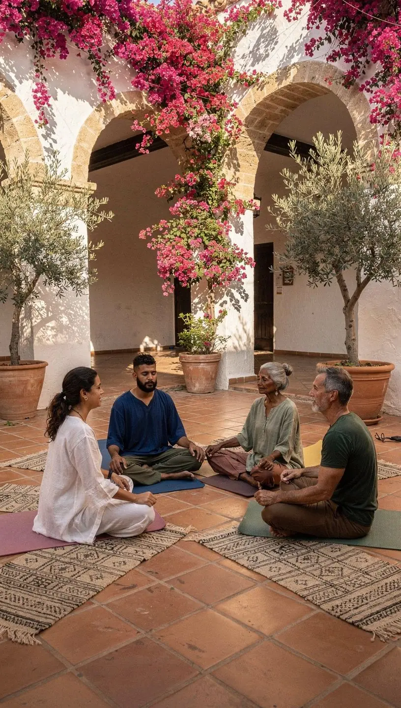 Una imagen de un instructor guiando una sesión de meditación, enfocándose en la liberación de tensiones corporales.