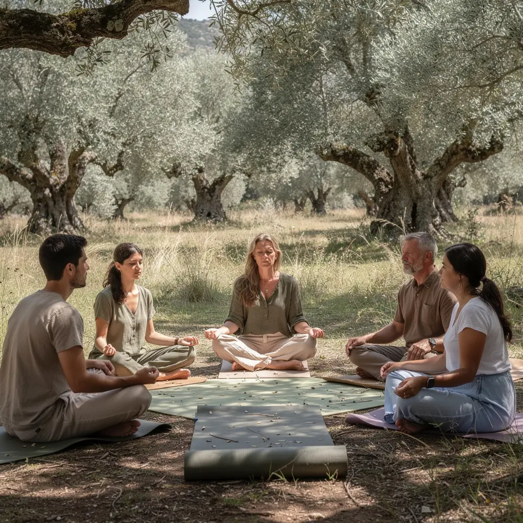 Una sesión de yoga en un espacio al aire libre, con participantes disfrutando de la paz y la serenidad del momento.