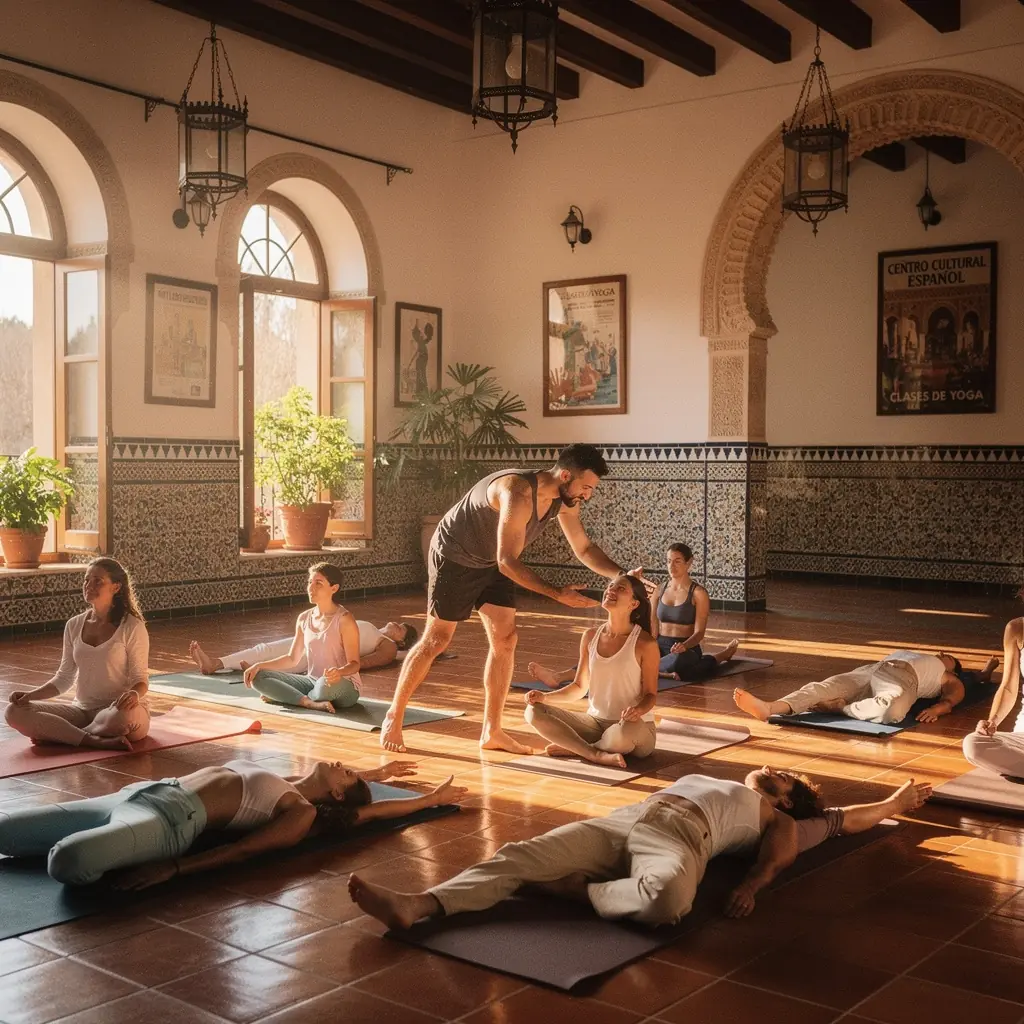 Un grupo de practicantes de yoga en una clase, realizando ejercicios de relajación progresiva en un estudio luminoso.