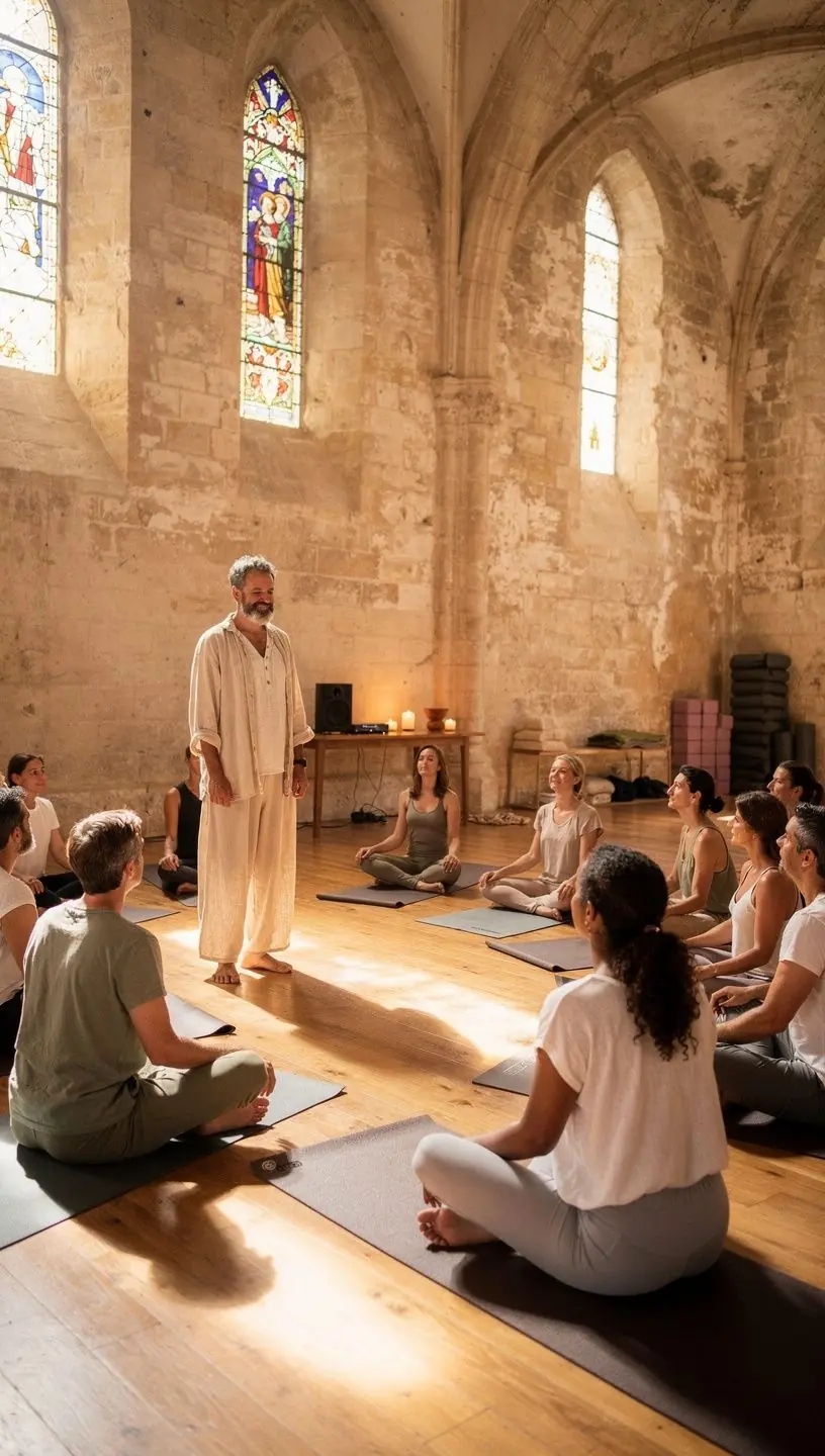 Un grupo de practicantes de yoga en una clase, realizando ejercicios de relajación progresiva en un estudio luminoso.