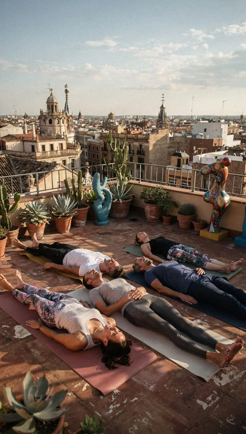 Una persona practicando yoga en un entorno tranquilo, rodeada de naturaleza, mientras se relaja profundamente.