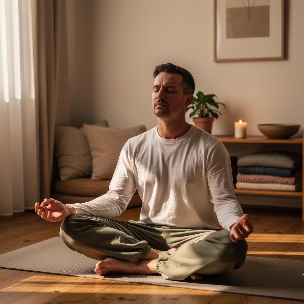 Una mujer estirándose en una esterilla de yoga en un paisaje tranquilo.